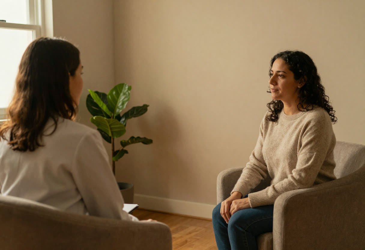 Terapeuta inclinada para a frente, escutando a paciente em poltronas frente a frente, sem mesa nem tela entre as duas