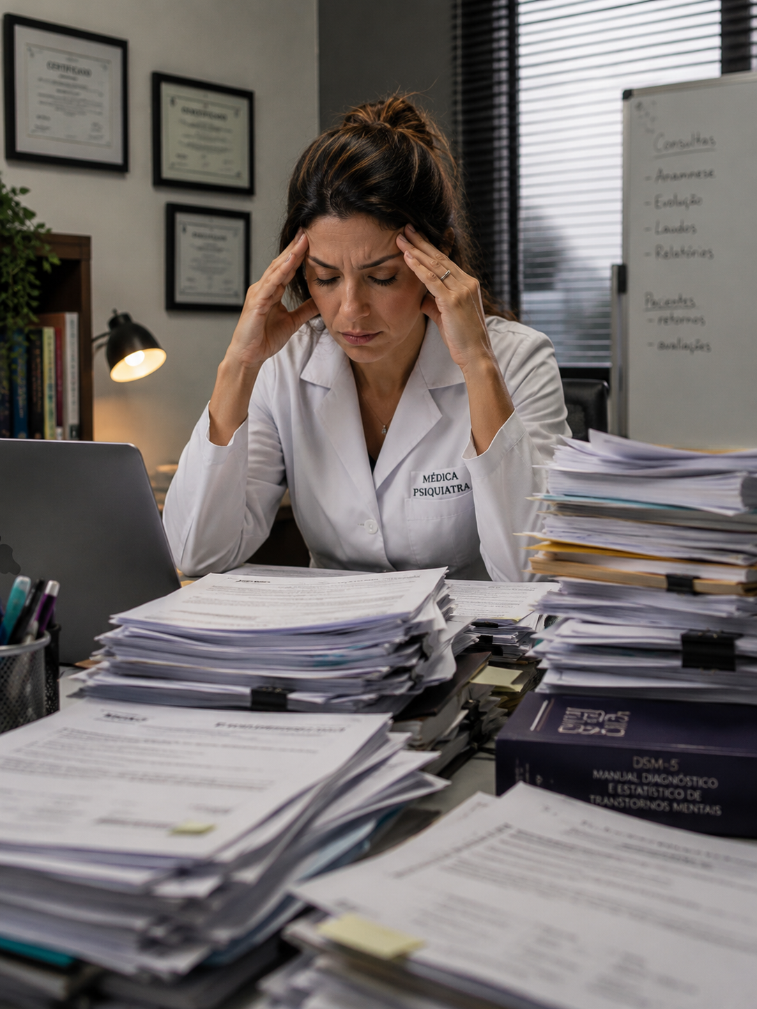 Psiquiatra ao fim do expediente, cercada de prontuários por preencher