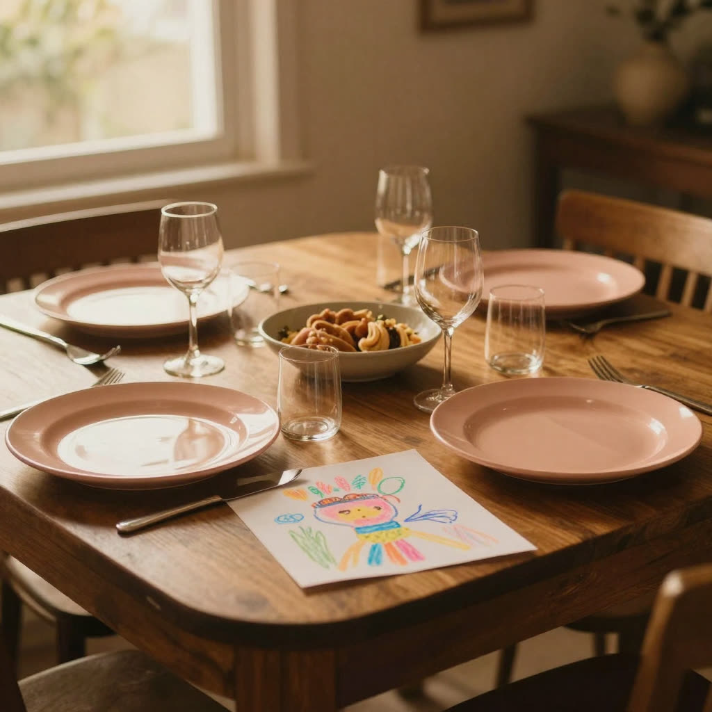 Mesa de jantar posta na luz do fim de tarde, com um desenho de criança ao lado do prato