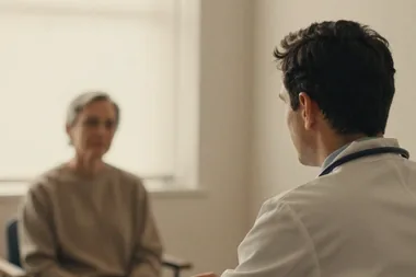 Médico de jaleco branco escutando uma paciente no consultório