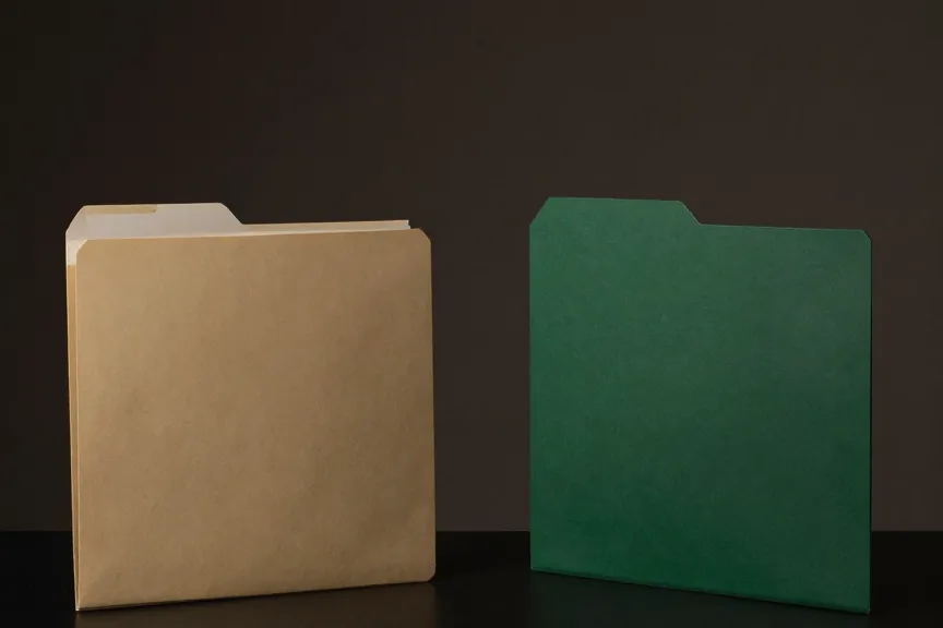 Duas pastas de arquivo em pé, uma de papel kraft e uma verde