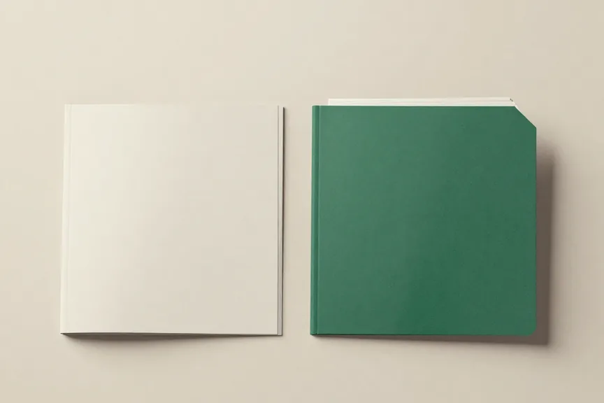 Dois cadernos fechados lado a lado, um bege e um verde