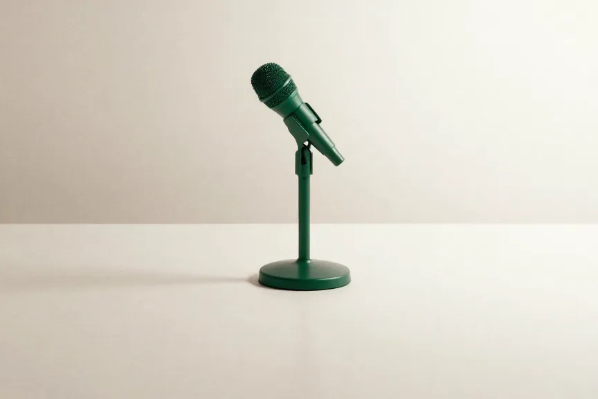 Microfone de mesa verde sobre fundo claro