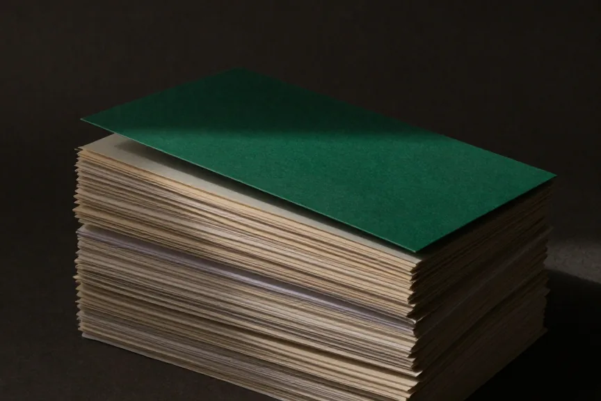 Pilha alta de folhas de papel com uma capa verde no topo